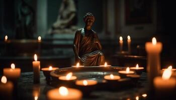 luz de velas ilumina estátua, símbolo do Paz e espiritualidade dentro cristandade gerado de ai foto