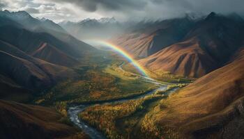 majestoso montanha alcance reflete tranquilo arco Iris dentro molhado Prado generativo ai foto
