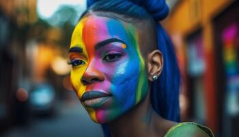 vibrante jovem mulher tintas colorida face ao ar livre gerado de ai foto