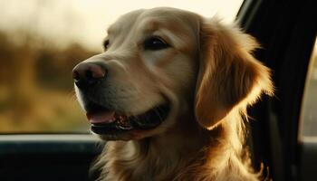 fofa de raça pura cachorro dirigindo carro com sorridente labrador gerado de ai foto