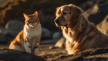 brincalhão cachorro e curioso gatinho apreciar ao ar livre gerado de ai foto