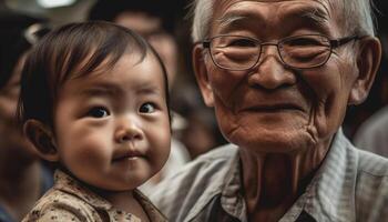 multi geração família sorridente ao ar livre, vínculo dentro amor e felicidade gerado de ai foto