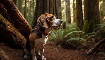 de raça pura beagle cachorro sentado de árvore dentro floresta gerado de ai foto