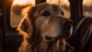 fofa cachorro sentado dentro carro, pronto para viagem gerado de ai foto