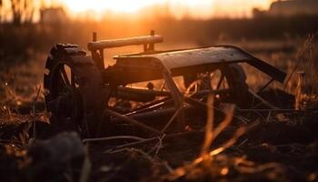 pôr do sol sobre rural fazenda, velho maquinaria corte gerado de ai foto