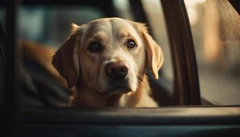 dourado retriever sentado dentro carro, olhando Fora gerado de ai foto