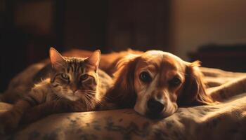 fofa cachorro e gatinho dormindo em suave travesseiro gerado de ai foto