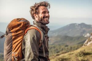 retrato uma viajante com mochila em a Colina ai generativo foto