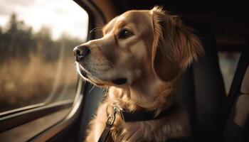 fofa de raça pura cachorro sentado dentro carro janela gerado de ai foto