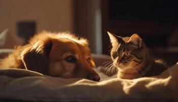 fofa cachorro e gatinho jogando em cama gerado de ai foto