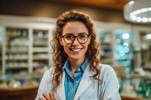 retrato uma lindo farmacia Policial sorridente confiante ai generativo foto