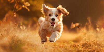 retrato fofa cachorro corrida em a jardim com luz exposição ai generativo foto