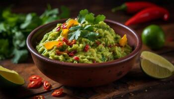 fresco guacamole mergulho dentro uma rústico de madeira tigela gerado de ai foto