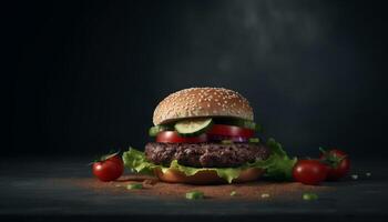 grelhado carne hamburguer com fresco tomate e queijo gerado de ai foto