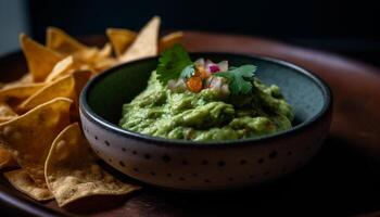 fresco guacamole mergulho em crocante tortilla salgadinhos gerado de ai foto