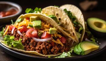 recentemente grelhado carne em uma crocantes tortilla gerado de ai foto