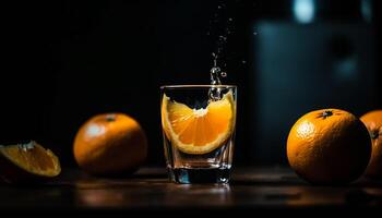 suculento citrino fatias dentro uma refrescante beber vidro gerado de ai foto