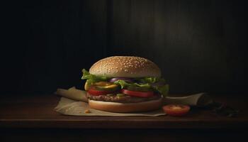 grelhado carne hamburguer em rústico sésamo pão gerado de ai foto