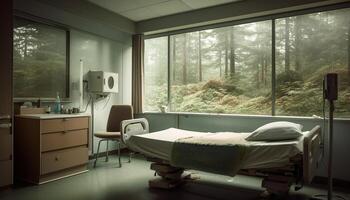 confortável cama e cadeira dentro moderno hospital quarto gerado de ai foto