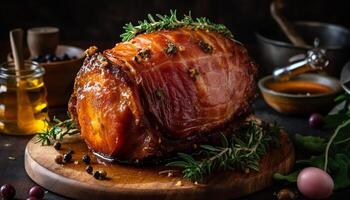 grelhado carne de porco filé em rústico de madeira mesa gerado de ai foto