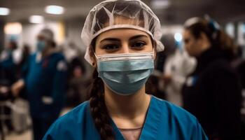 especialista cirurgiões dentro protetora vestuário de trabalho foco em cirurgia gerado de ai foto