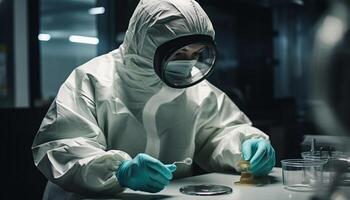 cientista analisando bactéria com protetora vestuário de trabalho e equipamento gerado de ai foto