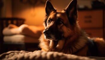 fofa alemão pastor cachorro sentado dentro de casa, olhando às Câmera gerado de ai foto