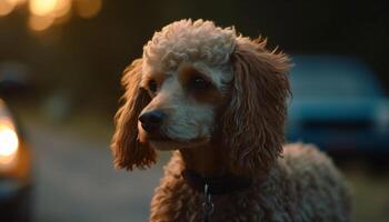 fofa cachorro sentado ao ar livre, olhando às Câmera gerado de ai foto