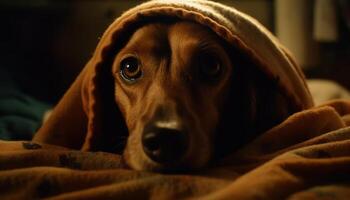 fofa dachshund cachorro dormindo em confortável cama gerado de ai foto