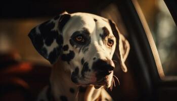 fofa de raça pura dálmata cachorro sentado ao ar livre, olhando acima gerado de ai foto