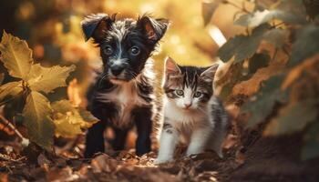 pequeno animais de estimação jogando dentro outono floresta juntos gerado de ai foto