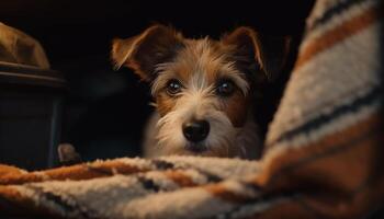 fofa terrier cachorro sentado, olhando às Câmera gerado de ai foto