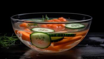 saudável vegetariano salada com fresco orgânico legumes em Preto fundo gerado de ai foto