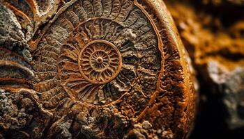antigo amonite fóssil, extinto animal concha, beleza dentro natureza gerado de ai foto