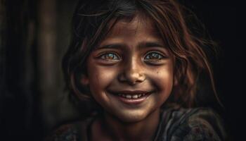 fofa menina com Castanho cabelo sorrisos alegremente gerado de ai foto