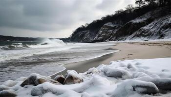 tranquilo paisagem marítima, ondas quebra em rochoso penhasco gerado de ai foto