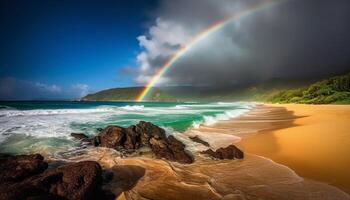 Sol beijou ondas spray arco Iris em molhado areia gerado de ai foto