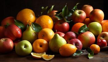 suculento citrino frutas em de madeira mesa, refrescante ainda vida gerado de ai foto