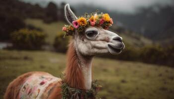 fofa alpaca retrato, olhando às Câmera dentro Prado gerado de ai foto