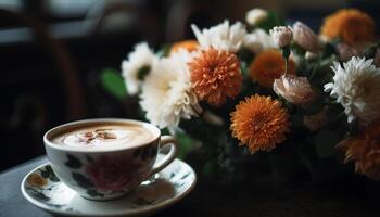 uma rústico ainda vida café, flores, elegância gerado de ai foto