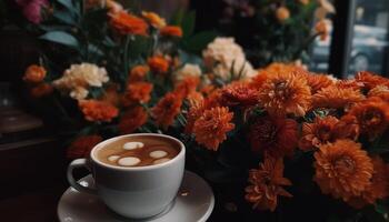 uma espumoso cappuccino em uma de madeira mesa gerado de ai foto