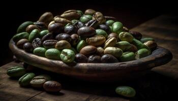 uma rústico tigela do fresco orgânico fruta gerado de ai foto