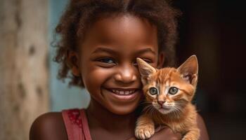 pequeno africano menina e brincalhão gatinho vinculo gerado de ai foto