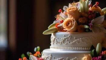uma decadente Casamento bolo adornado com flores gerado de ai foto