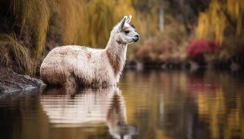 fofa alpaca pastar em exuberante verde Relva gerado de ai foto