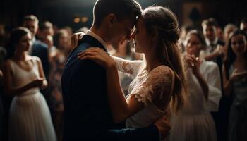 recém-casado casal abraços dentro alegre Casamento celebração gerado de ai foto