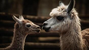 fofo alpaca retrato, fofa lanoso mamífero olhando gerado de ai foto