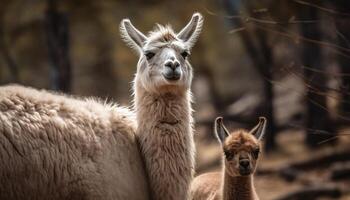 fofa alpaca com fofo lã pastar dentro pasto gerado de ai foto