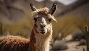 fofa alpaca retrato, olhando às Câmera dentro pasto gerado de ai foto