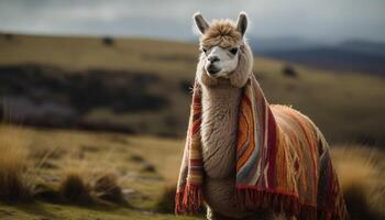 alpaca pastar dentro rural montanha pasto, fofa retrato gerado de ai foto